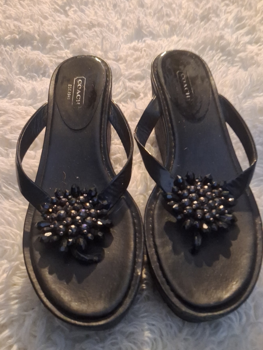Coach Black Thong Sandals with Gold & Clear Crystal Flower